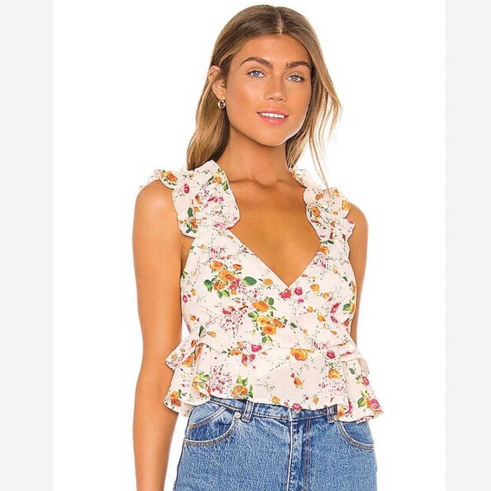 House of Harlow 1960 x Revolve Luella Floral Ruffle Blouse, Ivory, Size S